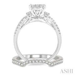 7/8 Ctw Lovebright Round Cut Diamond Wedding Set With 3/4 Ctw Criss-Cross Shank Engagement Ring and 1/6 Ctw Arched Wedding Band in 14K White Gold