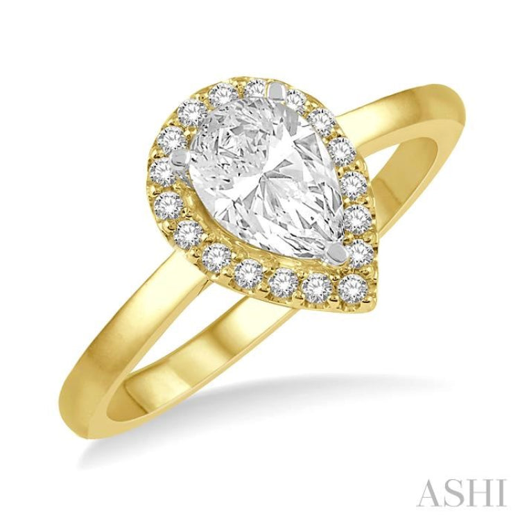 1/3 Ctw Round Cut Diamond Halo Engagement Ring With 1/4 Ct Pear Cut Center Stone in 14K Yellow and White Gold