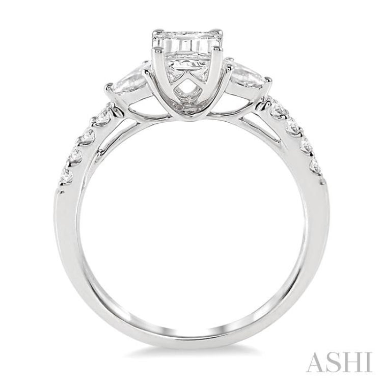7/8 Ctw Pear & Round Cut Diamond Engagement Ring With 1/2 Ct Emerald Cut Center Stone in 14K White Gold