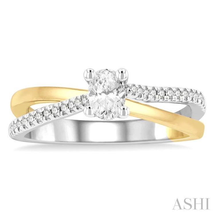 1/2 Ctw Two Tone Criss Cross Round & Oval Cut Diamond Engagement Ring With 1/3 Ct Oval Cut Center Stone in 14K White and Yellow Gold