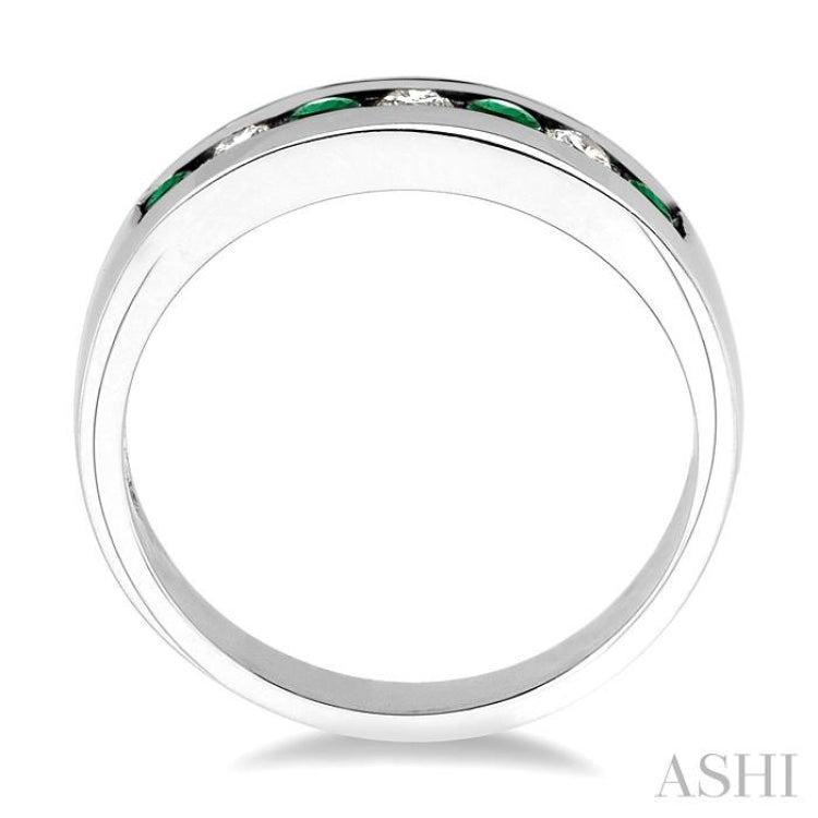 2.5 MM Round Cut Emerald and 1/5 Ctw Channel Set Round Cut Diamond Band in 14K White Gold