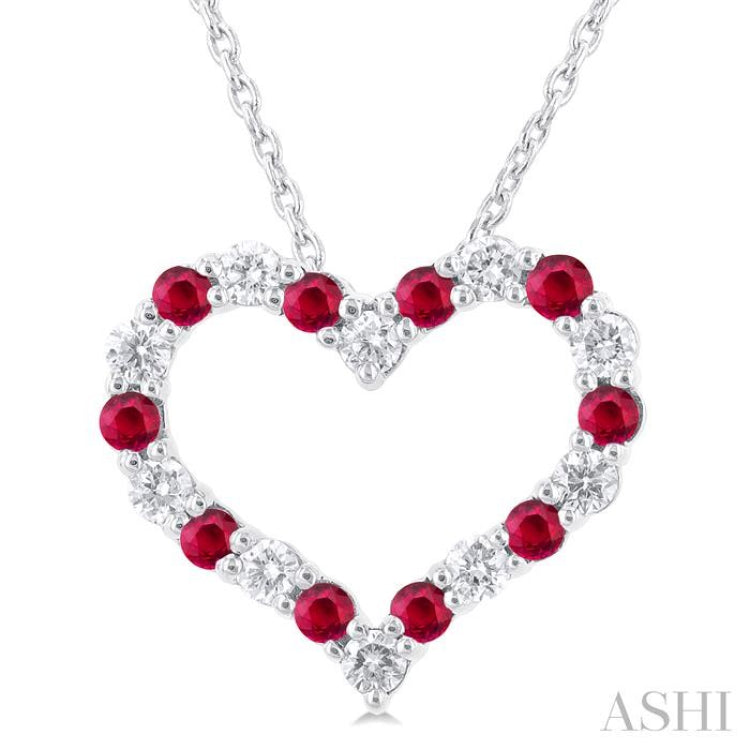 1.80 MM Round Cut Ruby and 1/4 Ctw Open Heart Round Cut Diamond Precious Fashion Pendant With Chain in 14K White Gold