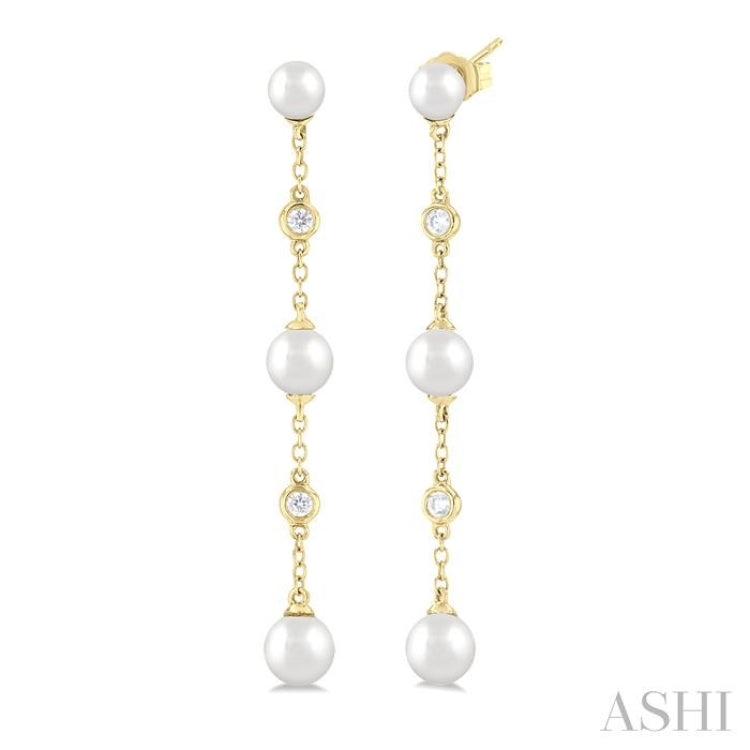 4 MM, 5 MM & 6 MM Round Shape Cultured Pearls and 1/10 Ctw Round Cut Diamond Station Long Earring in 14K Yellow Gold