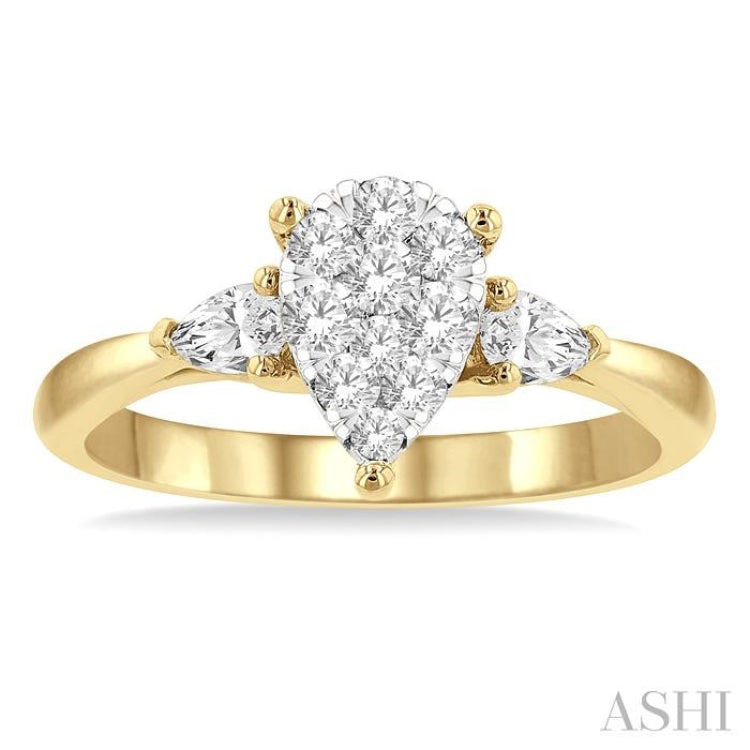 5/8 Ctw Pear Shape Lovebright Pear and Round Cut Diamond Engagement Ring in 14K Yellow and White Gold
