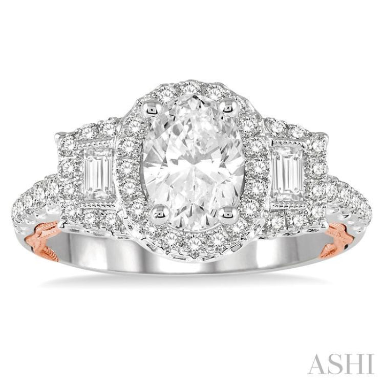 1/2 Ctw Oval Semi-Mount Baguette & Round Cut Diamond Ring in 14K White and Rose Gold