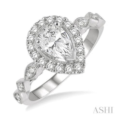 3/4 Ctw Carved Shank Round Cut Diamond Engagement Ring With 3/8 Ct Pear Cut Center Stone in 14K White Gold