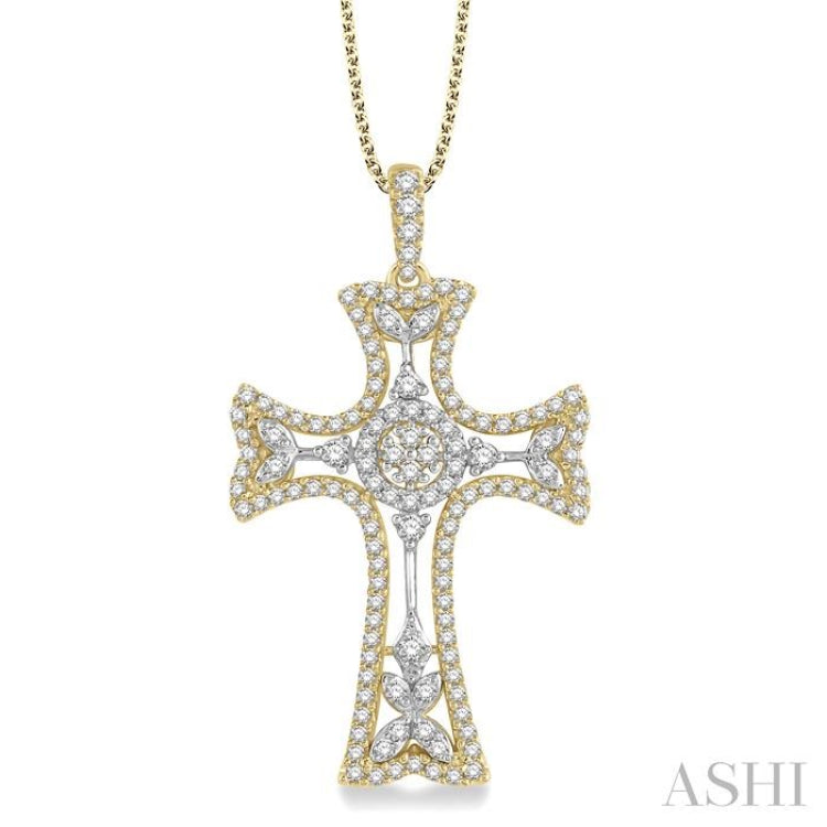 7/8 Ctw Round Cut Diamond Cross Pendant With Chain in 14K Yellow and White Gold