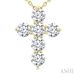 1 Ctw Round Cut Diamond Christian Cross 6-Stone Fashion Pendant With Chain in 14K Yellow Gold