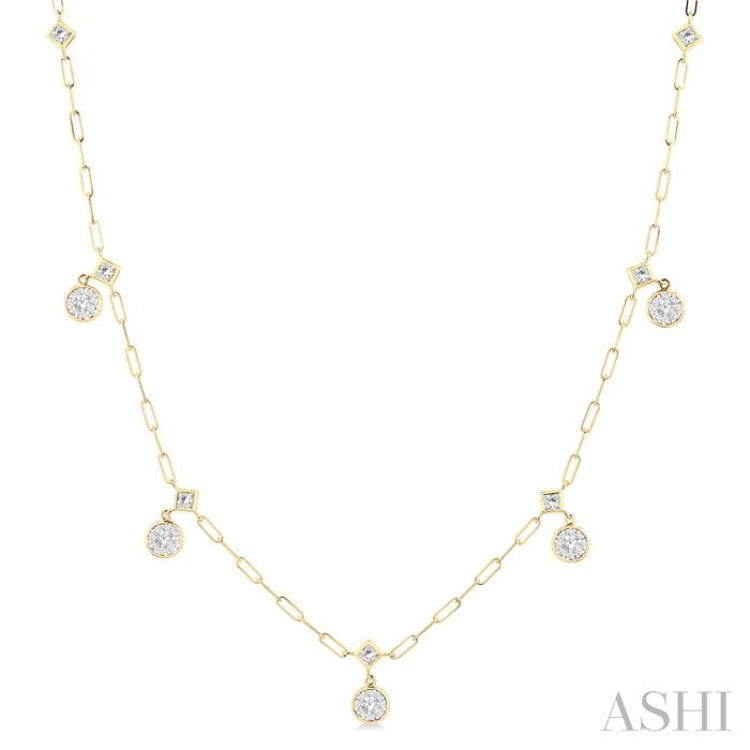 7/8 Ctw Lovebright Princess and Round Cut Diamond Paperclip Station Necklace in 14K Yellow and White Gold
