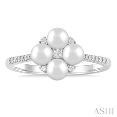 4 MM Floral Center Round Shape Cultured Pearl and 1/8 Ctw Round Cut Diamond Fashion Ring in 10K White Gold