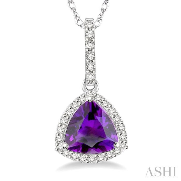 7x7 MM Trillion Cut Amethyst and 1/6 Ctw Round Cut Diamond Semi-Precious Pendant in 10K White Gold with chain