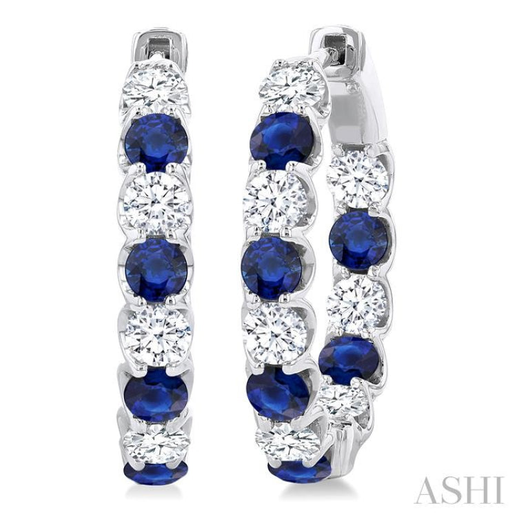 3.1 MM Sapphire and 1 5/8 Ctw Round Cut Inside-Out Diamond Precious Hoop Earrings in 14K White Gold