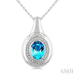8X6 MM Oval Shape Blue Topaz and 1/20 Ctw Single Cut Diamond Semi-precious Pendant With Chain in Sterling Silver