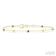 1.8 MM Sapphire and 1/10 Ctw Bezel Set Round Cut Diamond Precious Gemstone Station Bracelet in 14K Yellow Gold