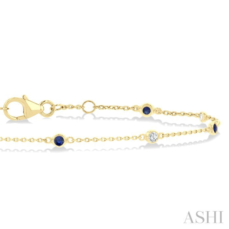 1.8 MM Sapphire and 1/10 Ctw Bezel Set Round Cut Diamond Precious Gemstone Station Bracelet in 14K Yellow Gold