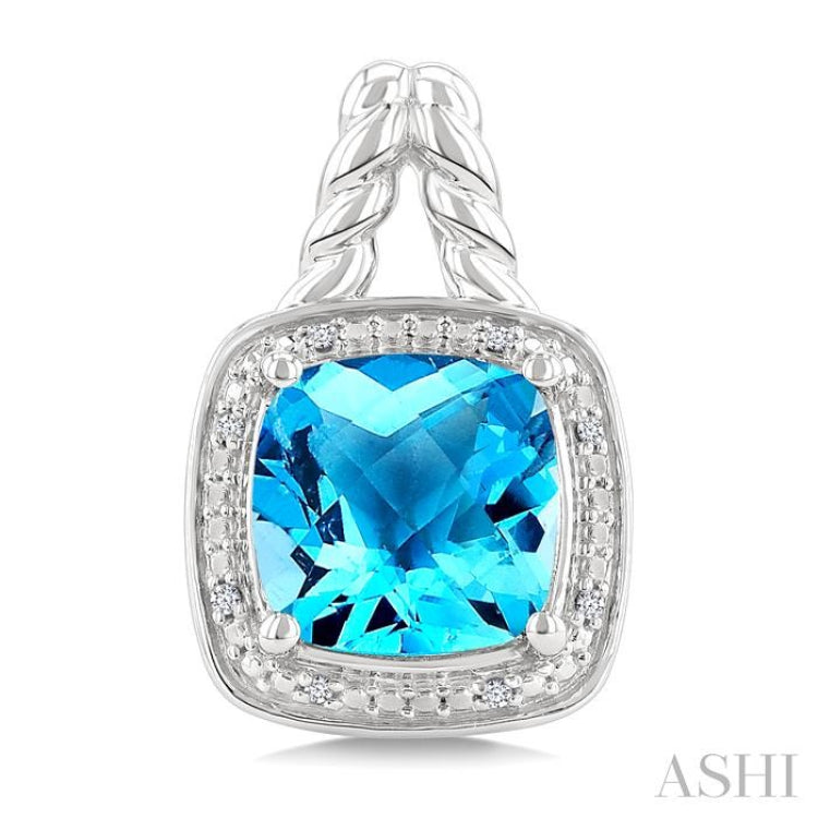 8 MM Cushion Shape Blue Topaz and 1/20 Ctw Single Cut Diamond Semi-Precious Earrings in Sterling Silver