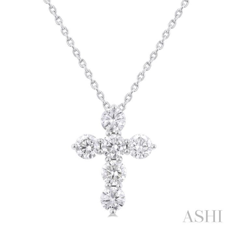 3/4 Ctw Round Cut Diamond Christian Cross 6-Stone Fashion Pendant With Chain in 14K White Gold