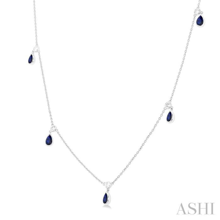 5x3 MM Pear Shape Sapphire and 1/4 Ctw Round Cut Diamonds Precious Station Necklace in 10K White Gold