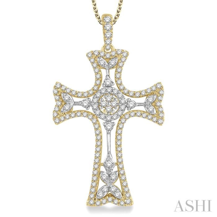 7/8 Ctw Round Cut Diamond Cross Pendant With Chain in 14K Yellow and White Gold