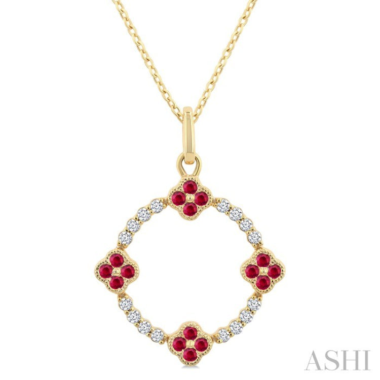 1.25 MM Clover Circle Ruby and 1/8 Ctw Round Cut Diamond Precious Pendant With Chain in 10K Yellow Gold