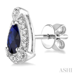 5x3 MM Pear Shape Sapphire and 1/6 Ctw Round Cut Diamond Earrings in 10K White Gold