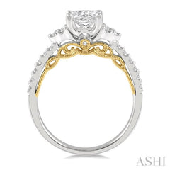 1/3 Ctw Cushion Shape Tri Mount Round Cut Diamond Semi-Mount Engagement Ring in 14K White and Yellow Gold