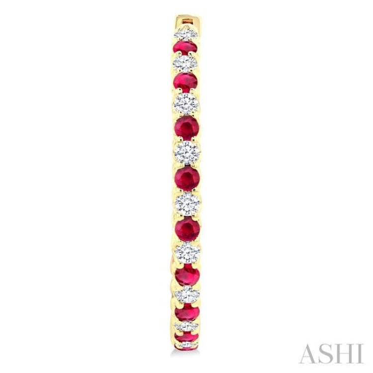 2.3 MM Round Ruby and 1 1/2 Ctw Round Cut Diamond Inside & Outside Alternating Precious Hoop Earrings in 14K Yellow Gold