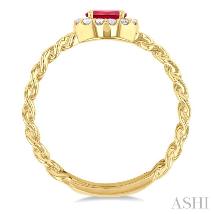 5x3 MM Oval Cut Ruby and 1/10 Ctw Curb & Cuban Link East-West Round Cut Diamond Halo Precious Ring in 10K Yellow Gold