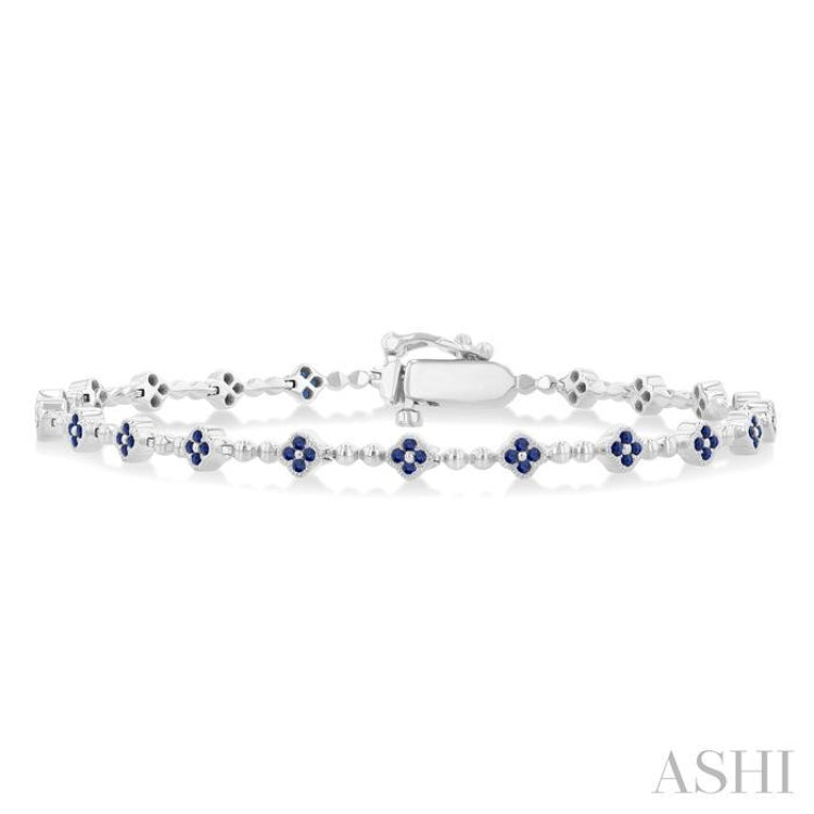 1 MM Round Cut Sapphire Clover and Bead Ball Link Precious Tennis Bracelet in 14K White Gold