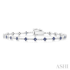 1 MM Round Cut Sapphire Clover and Bead Ball Link Precious Tennis Bracelet in 14K White Gold