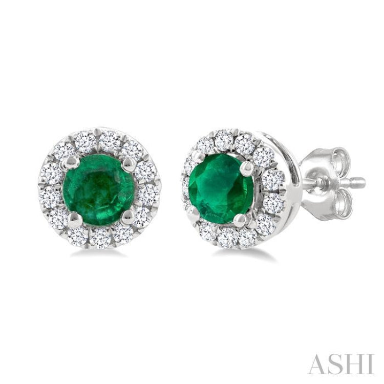 3.25 MM Round Emerald and 1/10 Ctw Round Cut Diamond Halo Precious Stud Earrings in 14K White Gold