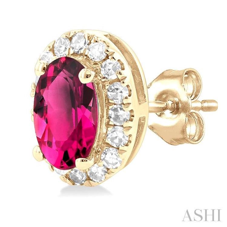 5x3 MM Oval Shape Pink Tourmaline and 1/8 Ctw Round Cut Diamond Halo Semi-Precious Stud Earrings in 10K Yellow Gold