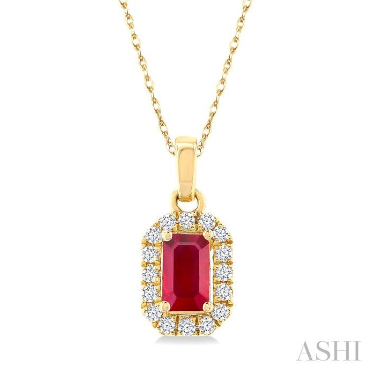 5x3 MM Octagonal Shape Ruby and 1/20 Ctw Single Cut Diamond Halo Precious Pendant with Chain in 10K Yellow Gold