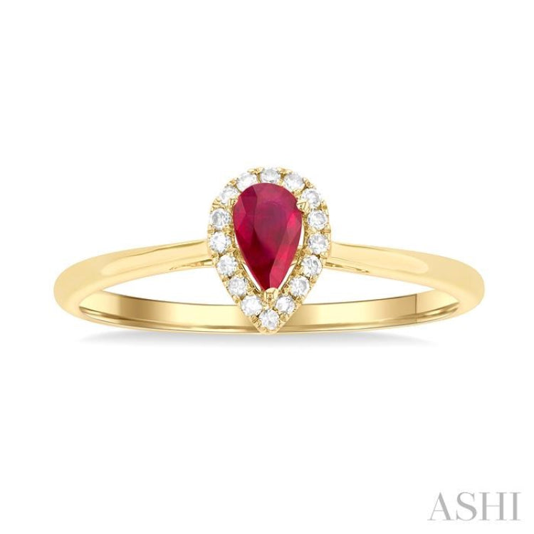 5x3 MM Pear Shape Ruby and 1/20 Ctw Single Cut Diamond Halo Precious Ring in 10K Yellow Gold