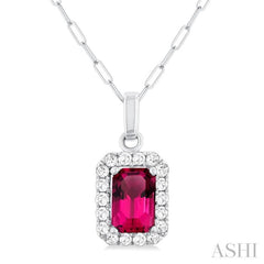 6x4 MM Octagonal Shape Pink Tourmaline and 1/6 Ctw Round Cut Diamond Halo Semi-Precious Pendant with Chain in 14K White Gold