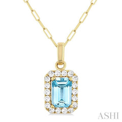 6x4 MM Octagonal Shape Aquamarine and 1/6 Ctw Round Cut Diamond Halo Semi-Precious Pendant with Chain in 10K Yellow Gold