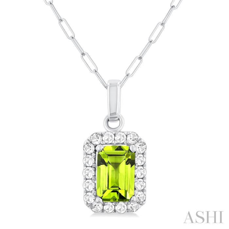 6x4 MM Octagonal Shape Peridot and 1/6 Ctw Round Cut Diamond Halo Semi-Precious Pendant with Chain in 10K White Gold