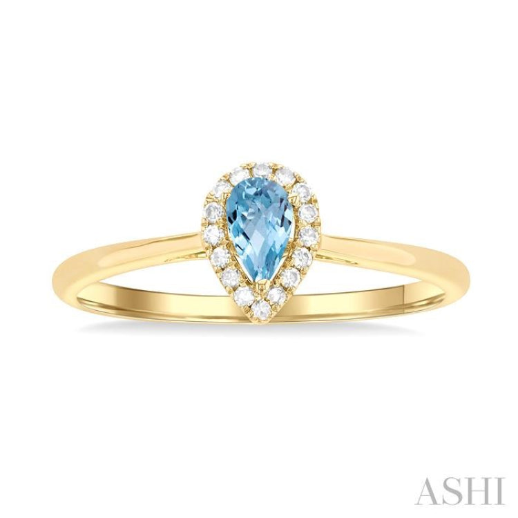 5x3 MM Pear Shape Aquamarine and 1/20 Ctw Single Cut Diamond Halo Semi-Precious Ring in 14K Yellow Gold