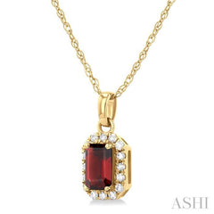 5x3 MM Octagonal Shape Garnet and 1/20 Ctw Single Cut Diamond Halo Semi-Precious Pendant with Chain in 10K Yellow Gold