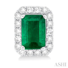 6x4 MM Octagonal Shape Emerald and 1/4 Ctw Round Cut Diamond Halo Precious Stud Earrings in 10K White Gold