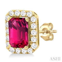 6x4 MM Octagonal Shape Pink Tourmaline and 1/4 Ctw Round Cut Diamond Halo Semi-Precious Stud Earrings in 10K Yellow Gold