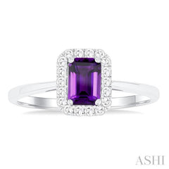 6x4 MM Octagonal Shape Amethyst and 1/6 Ctw Round Cut Diamond Halo Semi-Precious Ring in 14K White Gold