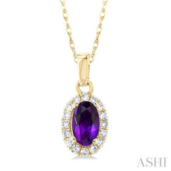 5x3 MM Oval Shape Amethyst and 1/20 Ctw Single Cut Diamond Halo Semi-Precious Pendant with Chain in 14K Yellow Gold