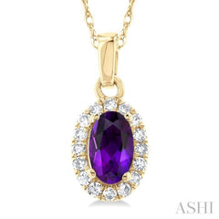 5x3 MM Oval Shape Amethyst and 1/20 Ctw Single Cut Diamond Halo Semi-Precious Pendant with Chain in 14K Yellow Gold