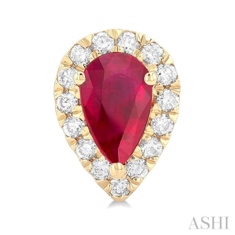 6x4 MM Pear Shape Ruby and 1/4 Ctw Round Cut Diamond Halo Precious Stud Earrings in 14K Yellow Gold