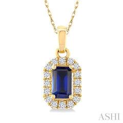 5x3 MM Octagonal Shape Sapphire and 1/20 Ctw Round Cut Diamond Halo Precious Pendant with Chain in 14K Yellow Gold