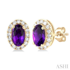 5x3 MM Oval Shape Amethyst and 1/8 Ctw Single Cut Diamond Halo Semi-Precious Stud Earrings in 14K Yellow Gold