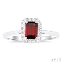 6x4 MM Octagonal Shape Garnet and 1/6 Ctw Round Cut Diamond Halo Semi-Precious Ring in 14K White Gold