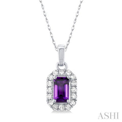 5x3 MM Octagonal Shape Amethyst and 1/20 Ctw Single Cut Diamond Halo Semi-Precious Pendant with Chain in 14K White Gold