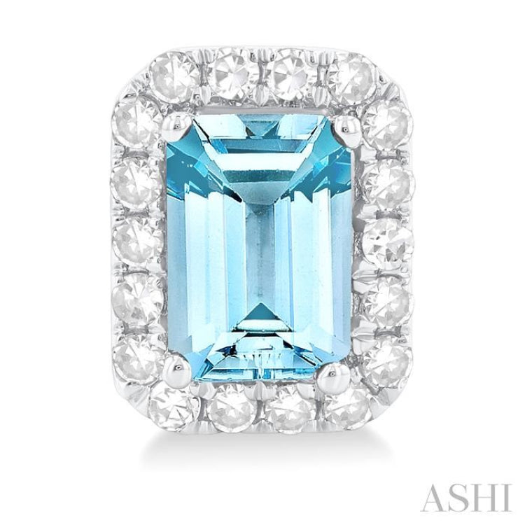 6x4 MM Octagonal Shape Aquamarine and 1/4 Ctw Round Cut Diamond Halo Semi-Precious Stud Earrings in 10K White Gold